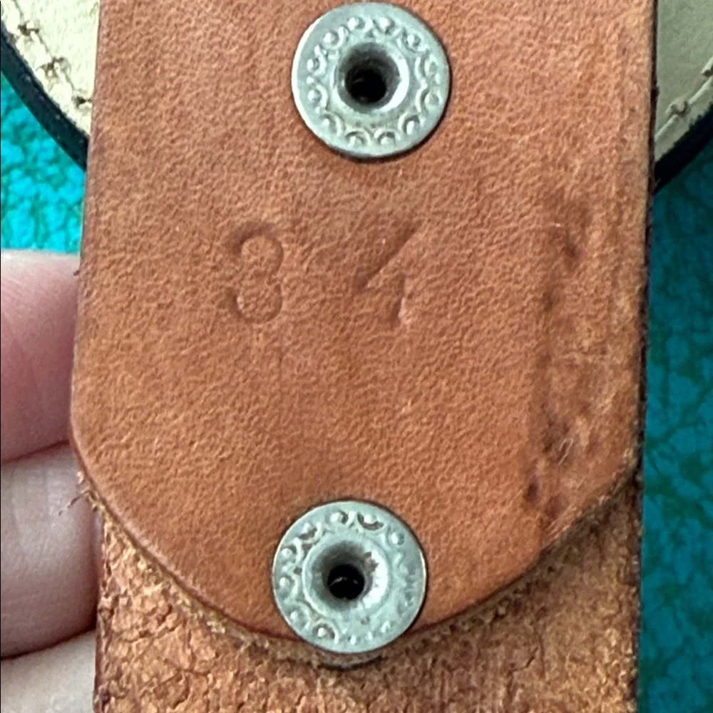 Tan tooled leather belt whipstitching statement embroidered raccoon buckle 34
